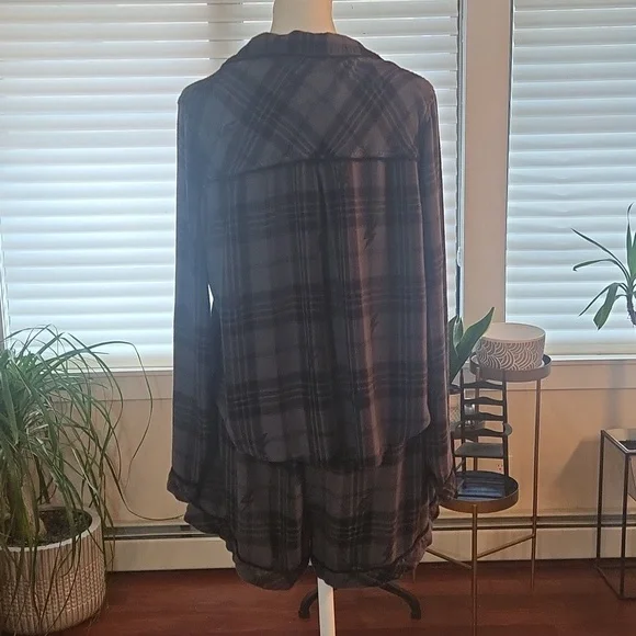 Rails Kellen Lightning Plaid Charcoal Jet Gray Black Womens Pajama Set Large